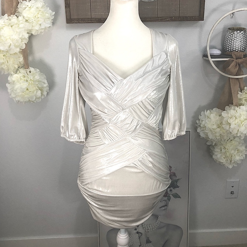 2B Bebe shimmering silver fitted mini dress. Sz S. EUC - Picture 7 of 8